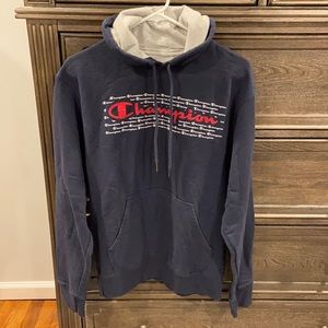 Navy men’s hoodie with red champion lettering and white